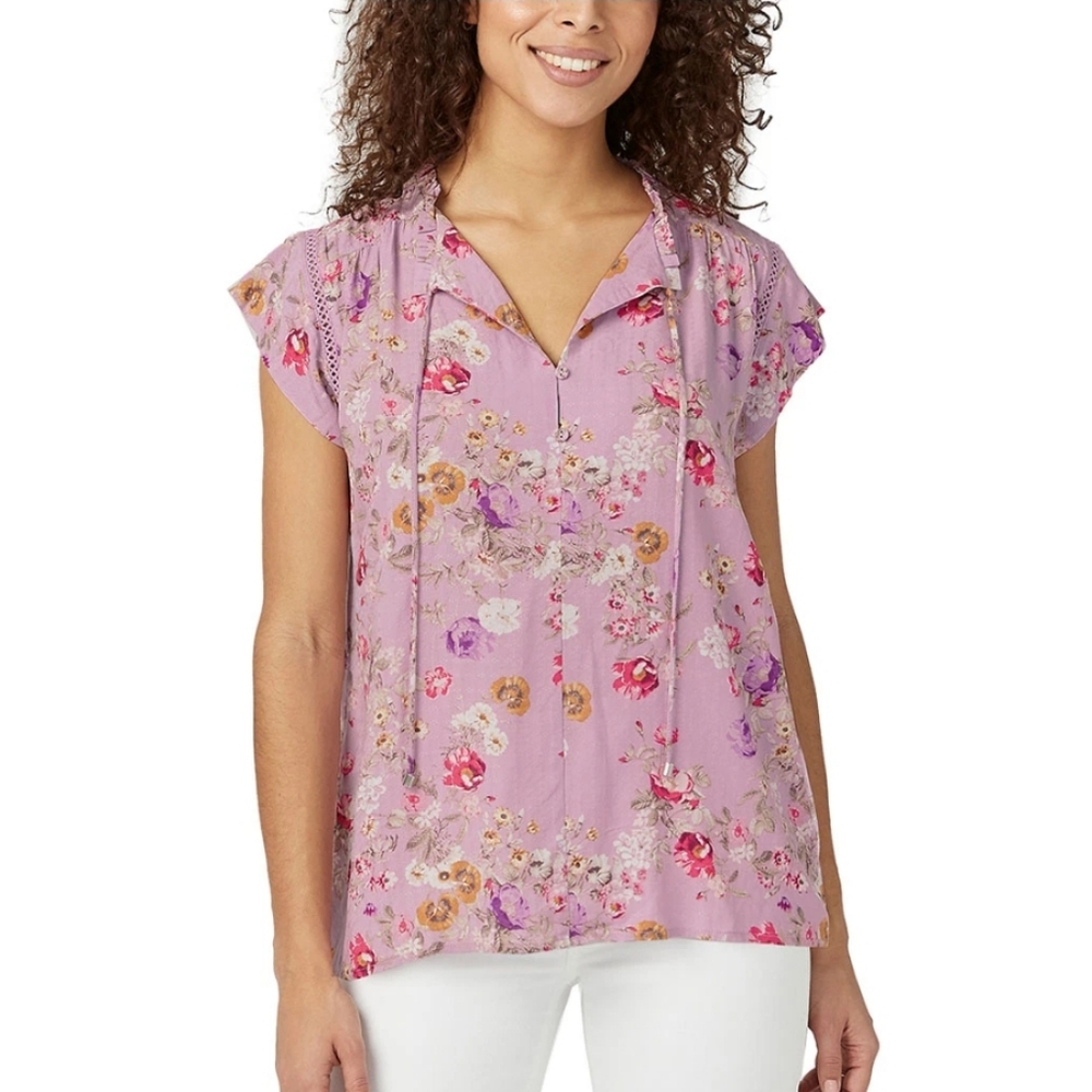Buffalo David Bitton Womens Short Flutter Sleeve Purple Floral Shirt Size L